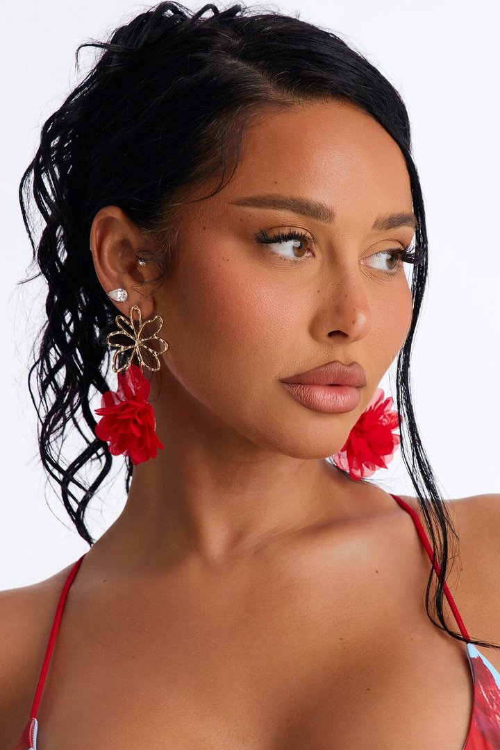Love You So Ruffle Drop Earrings - Gold/Red
