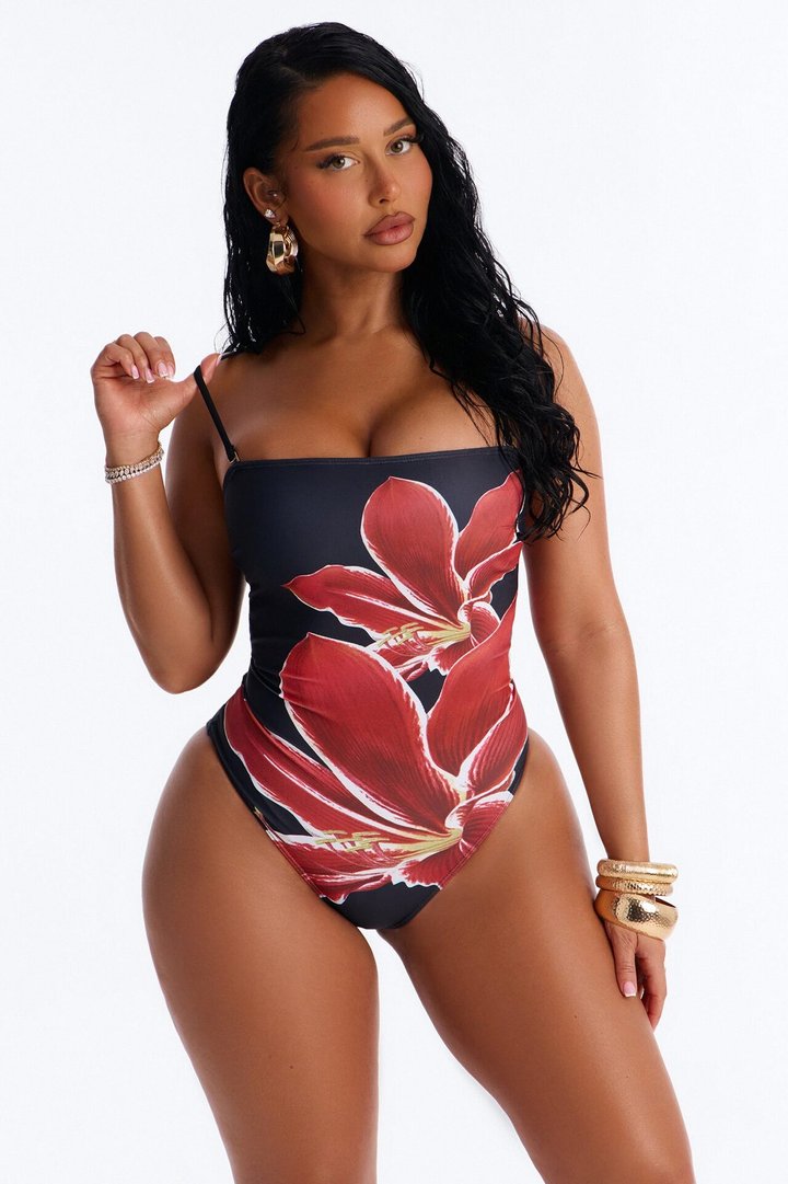 Nelissa Floral 1 Piece Strapless Swimsuit - Black/Red