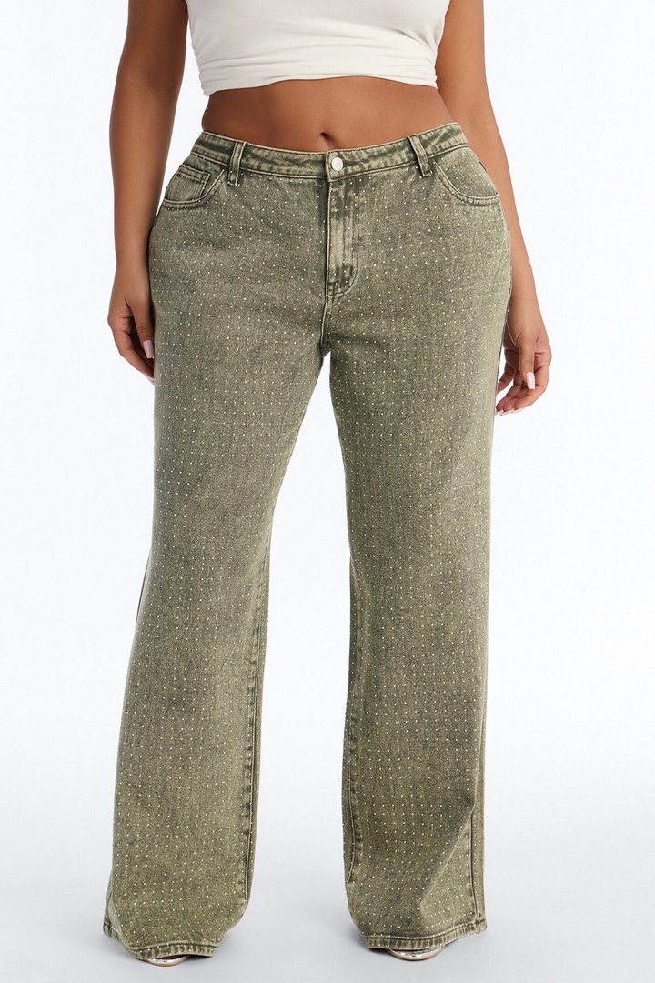 Dazzling Days Low Rise Washed Embellished Pant - Olive