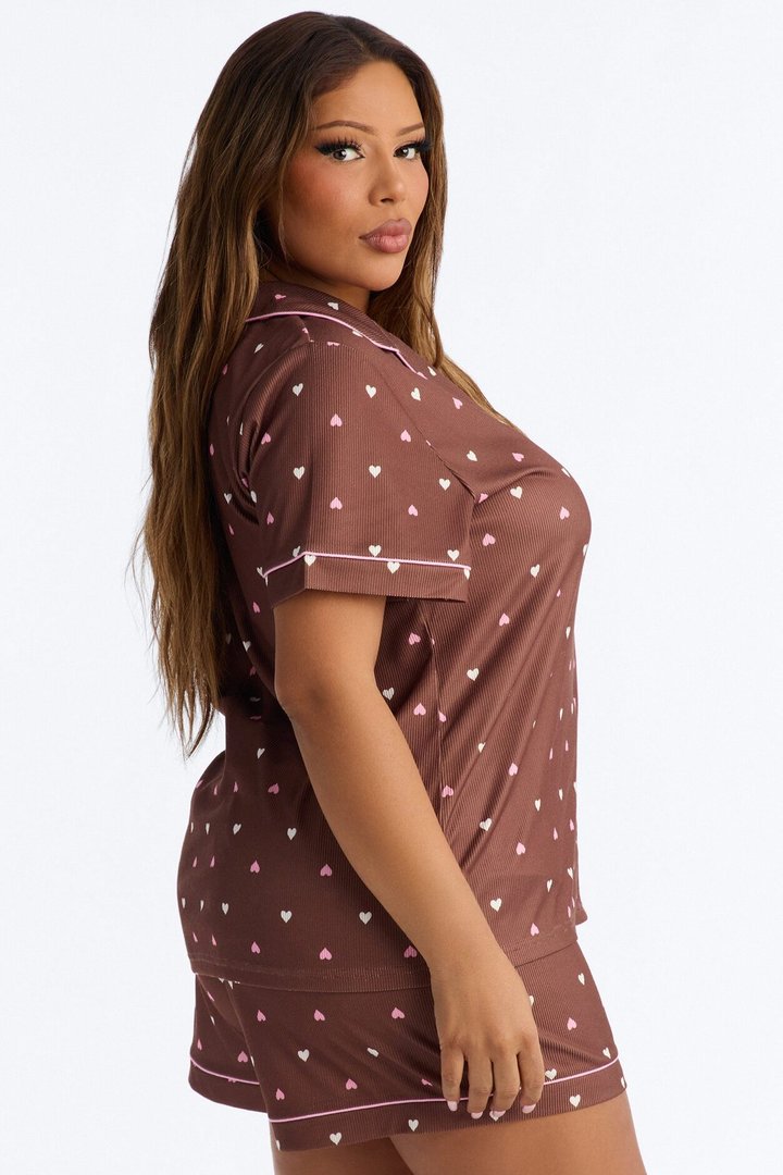 Pieces Of My Heart PJ Short Set - Brown/combo