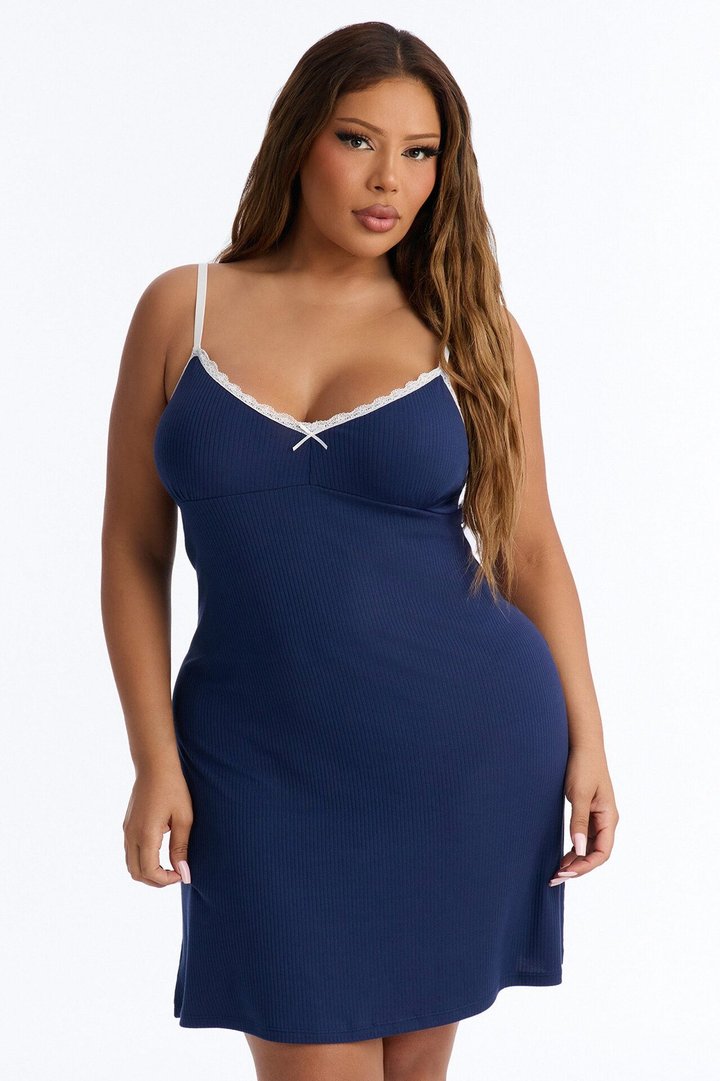 Getting Sleepy Ribbed Sleep Gown - Navy