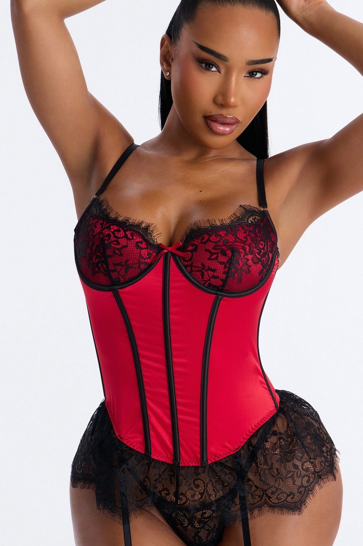 Bella Lace Boning Teddy - Red/Black