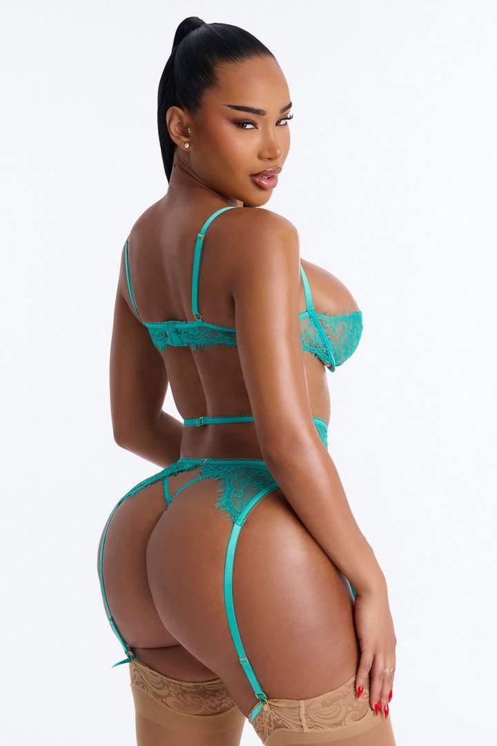 Lacy Sweet Twist Lace Wrap Around 3 Piece Garter Set - Teal