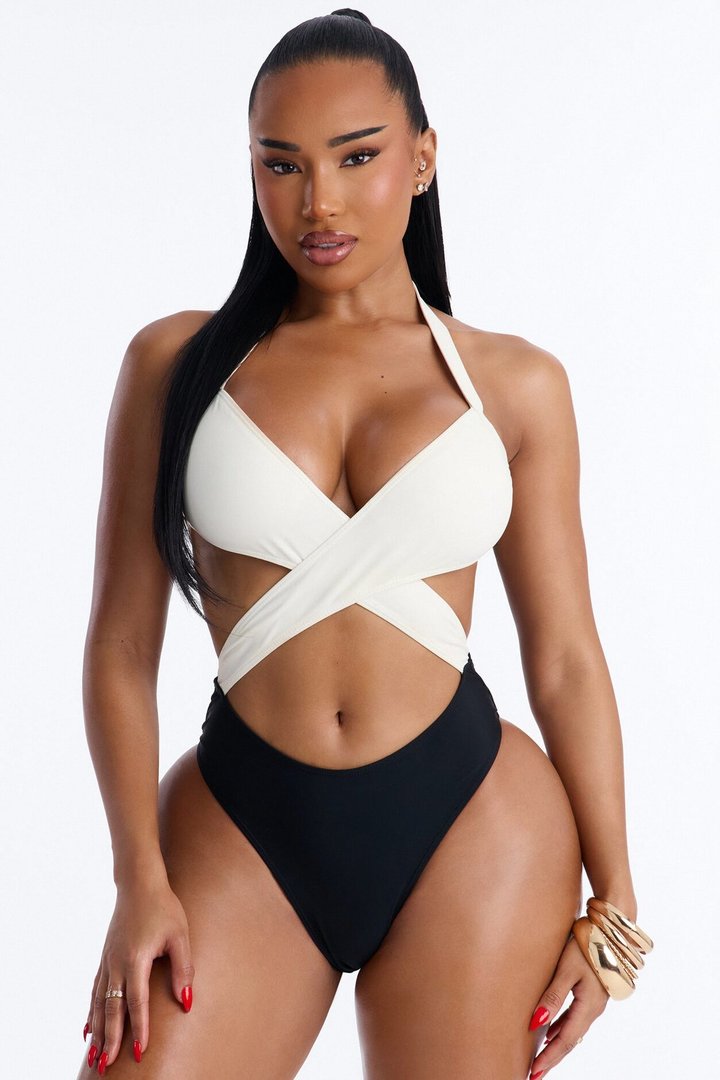 High Tide 1 Piece Wrap Halter Swimsuit - White/Black
