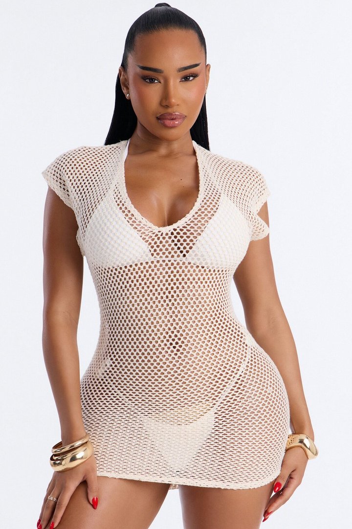 Heat Struck Short Sleeve Mini Swim Cover Up Dress - White