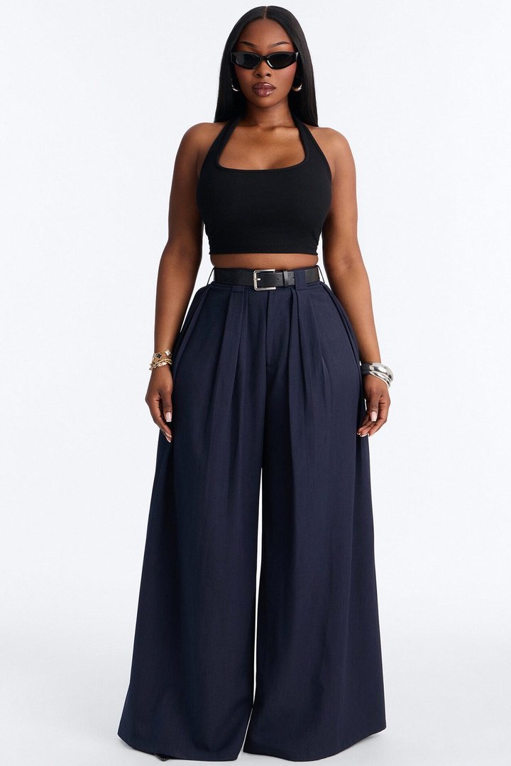 No Brainer Belted Wide Leg Pleated Pant - Navy