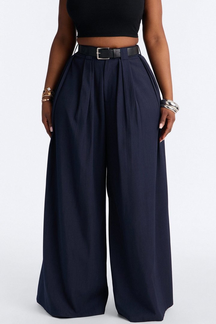 No Brainer Belted Wide Leg Pleated Pant - Navy