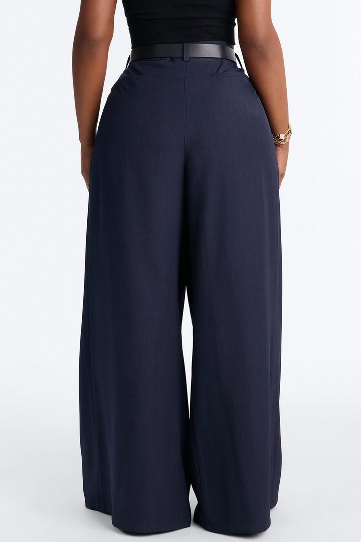 No Brainer Belted Wide Leg Pleated Pant - Navy