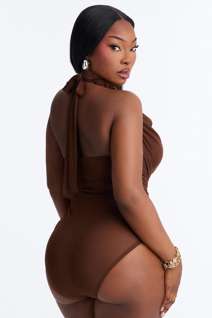 Raye Ruched Deep V Neck Halter Bodysuit - Brown