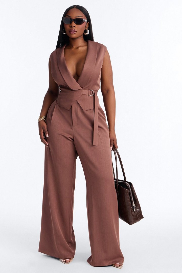 Polished Presence Vest Pant Set - Brown