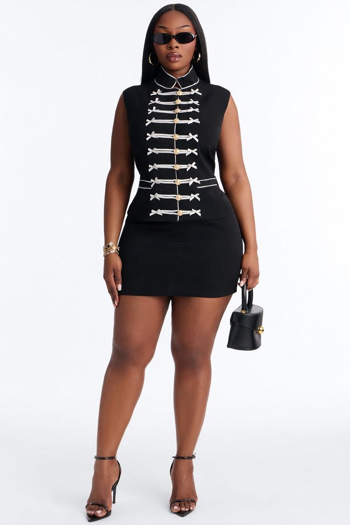Regal Ribbon Button Up Skirt Set - Black