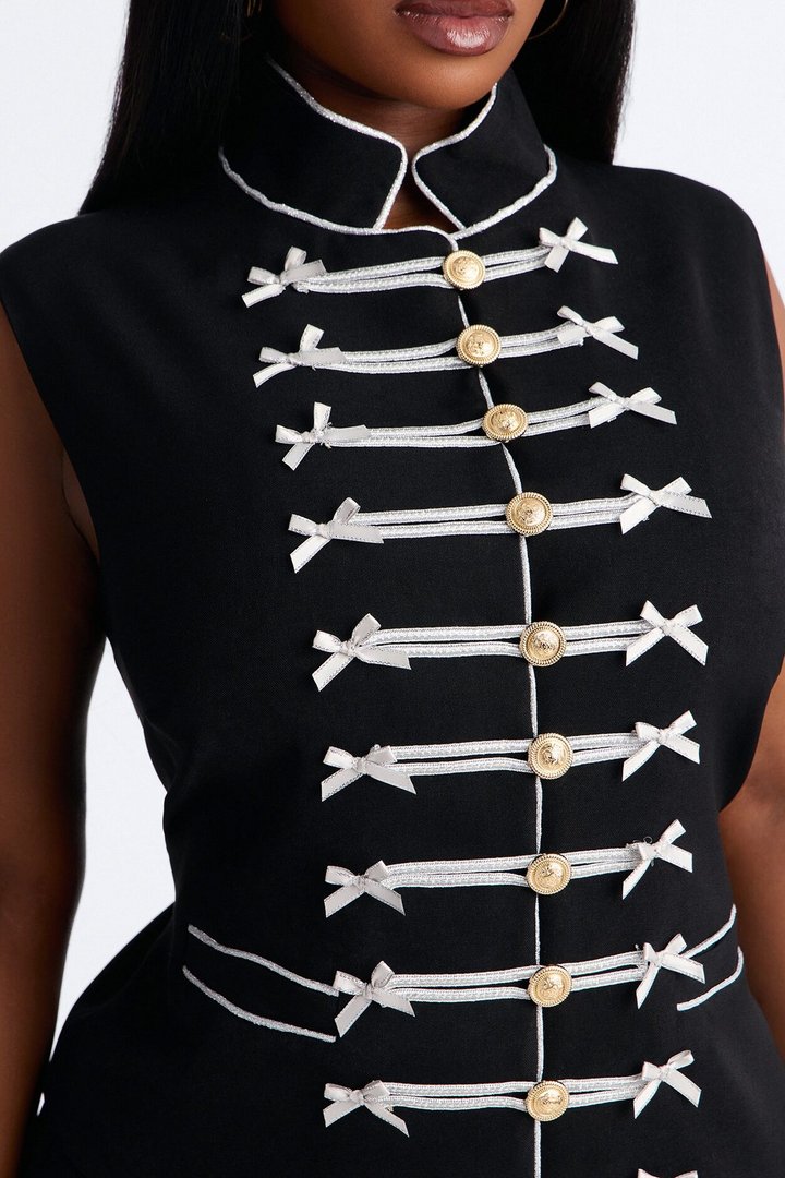 Regal Ribbon Button Up Skirt Set - Black