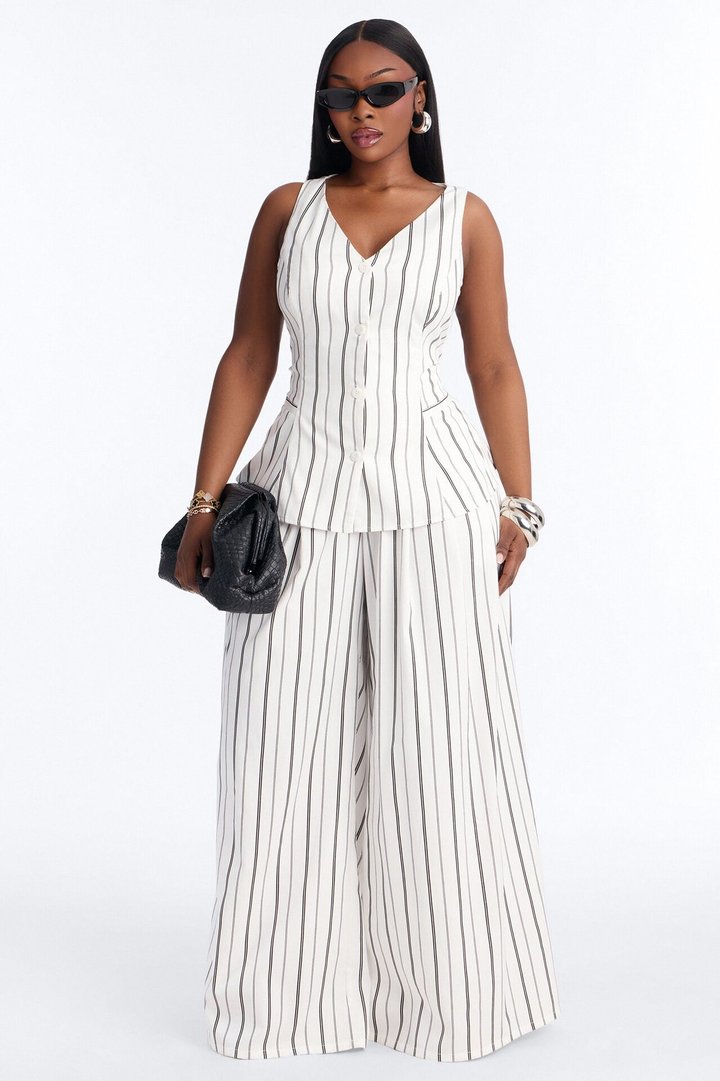 Aveena Pinstripe Vest Pant Set - White/Black