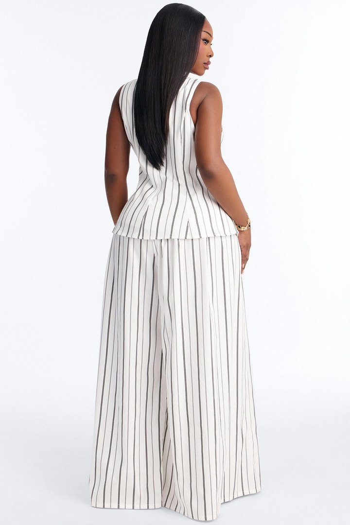 Aveena Pinstripe Vest Pant Set - White/Black