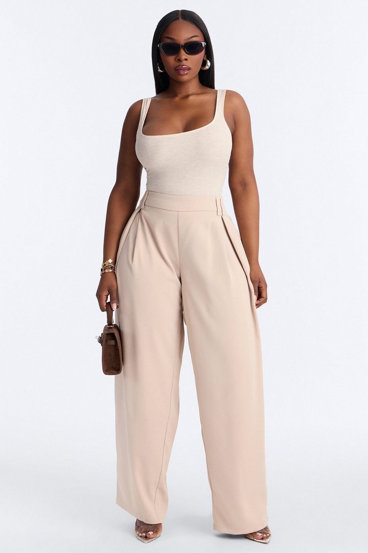 Diana Belted Wide Leg Pleated Trouser - Beige