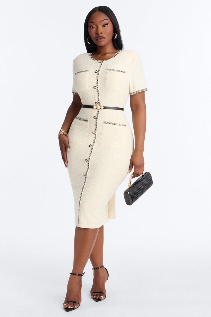 Monique Short Sleeve Tweed Midi Dress - Cream