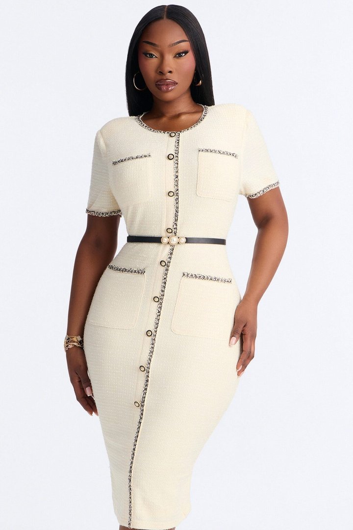 Monique Short Sleeve Tweed Midi Dress - Cream
