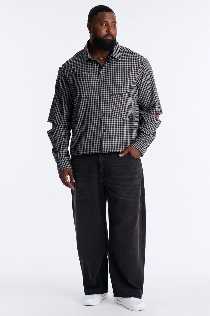 Railcut Plaid Button Up Shirt - Black