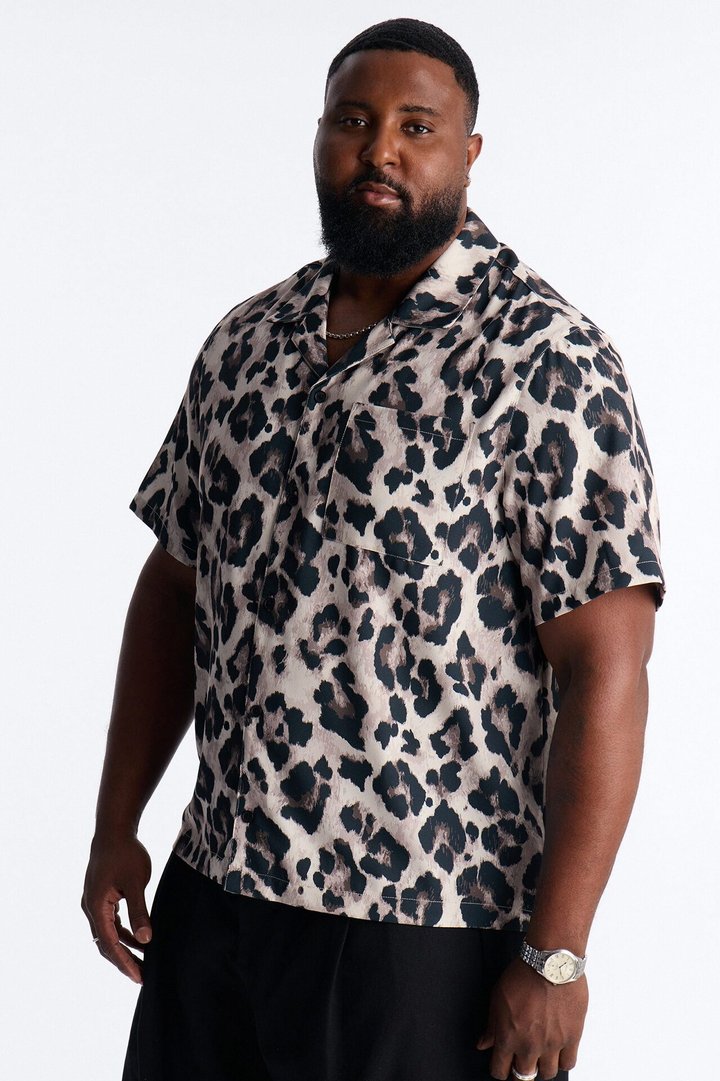 Wild Night Leopard Short Sleeve Cuban Collar Shirt - Brown