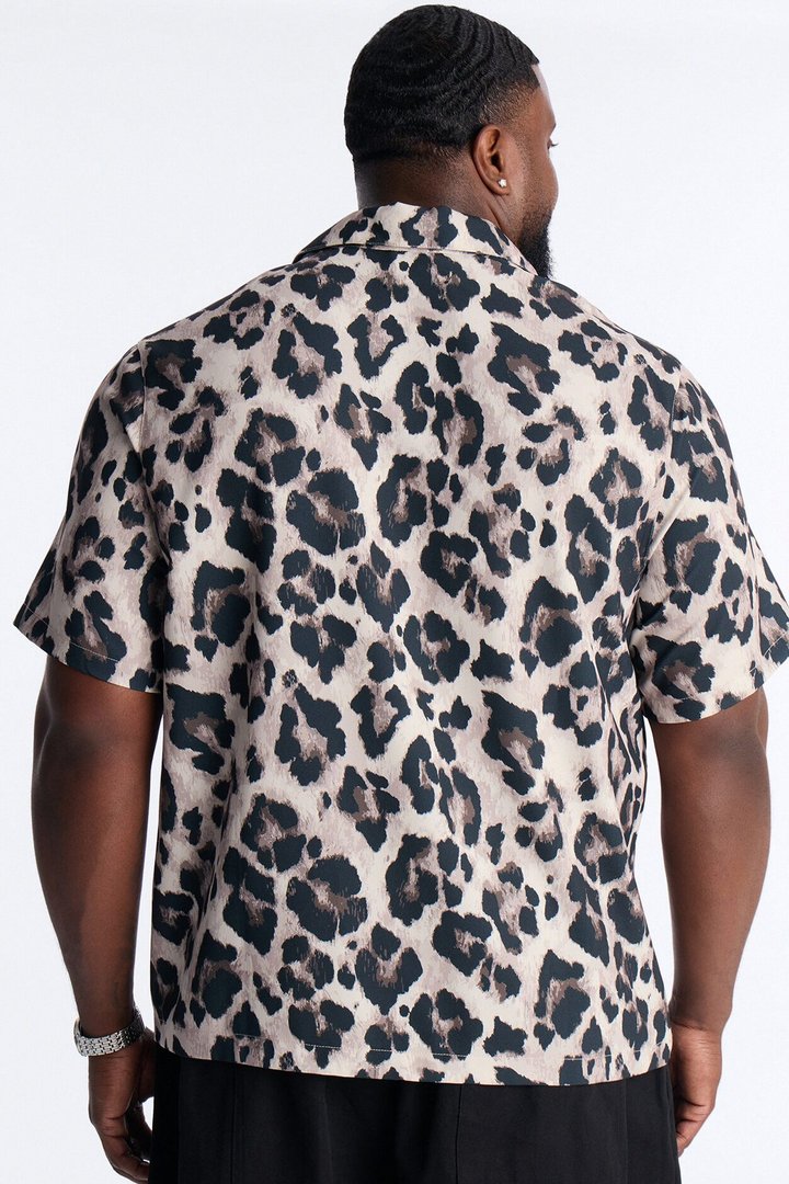 Wild Night Leopard Short Sleeve Cuban Collar Shirt - Brown