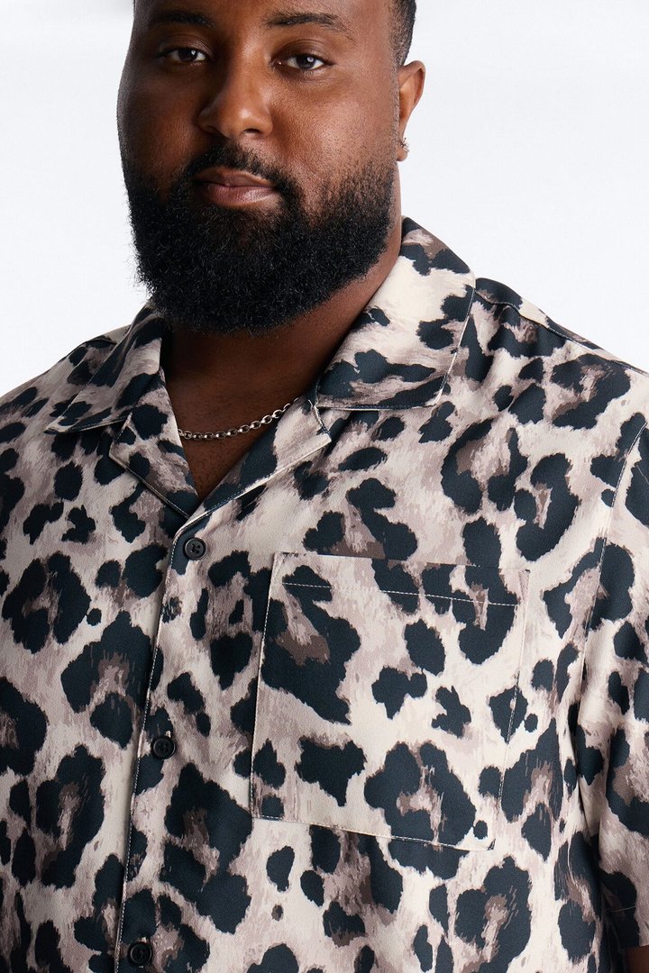 Wild Night Leopard Short Sleeve Cuban Collar Shirt - Brown