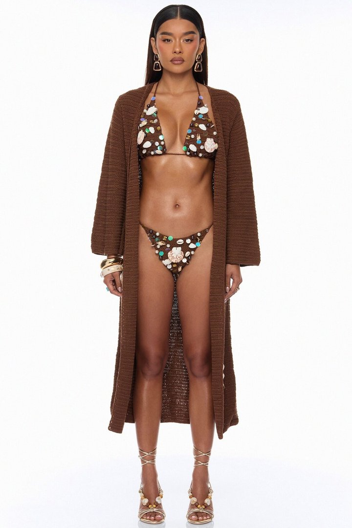 Seaside Sparkle Crochet 3 Piece Sunsuit Set - Chocolate