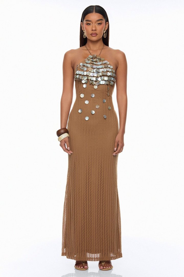 Tropic Oasis Shell Crochet Maxi Dress - Brown