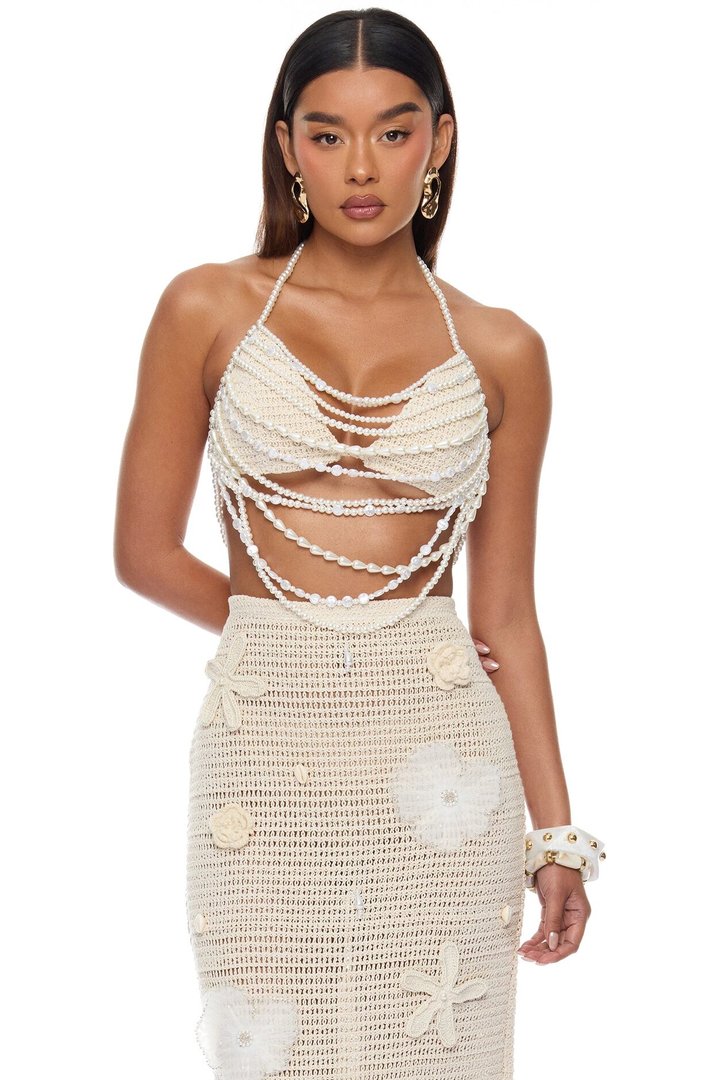 Summer Glow Pearl Crochet Skirt Set - Sand