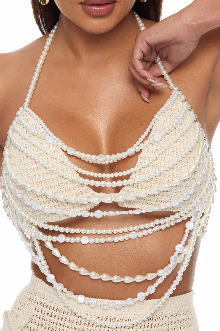 Summer Glow Pearl Crochet Skirt Set - Sand