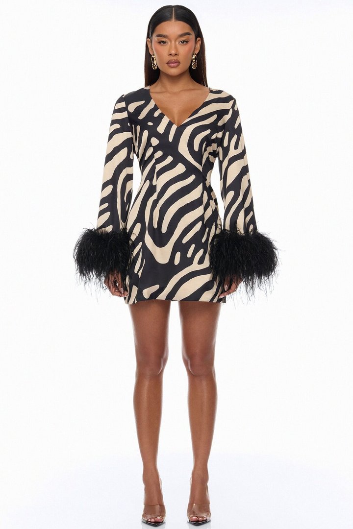 Daydreaming Feathered Satin Mini Dress - Black/combo