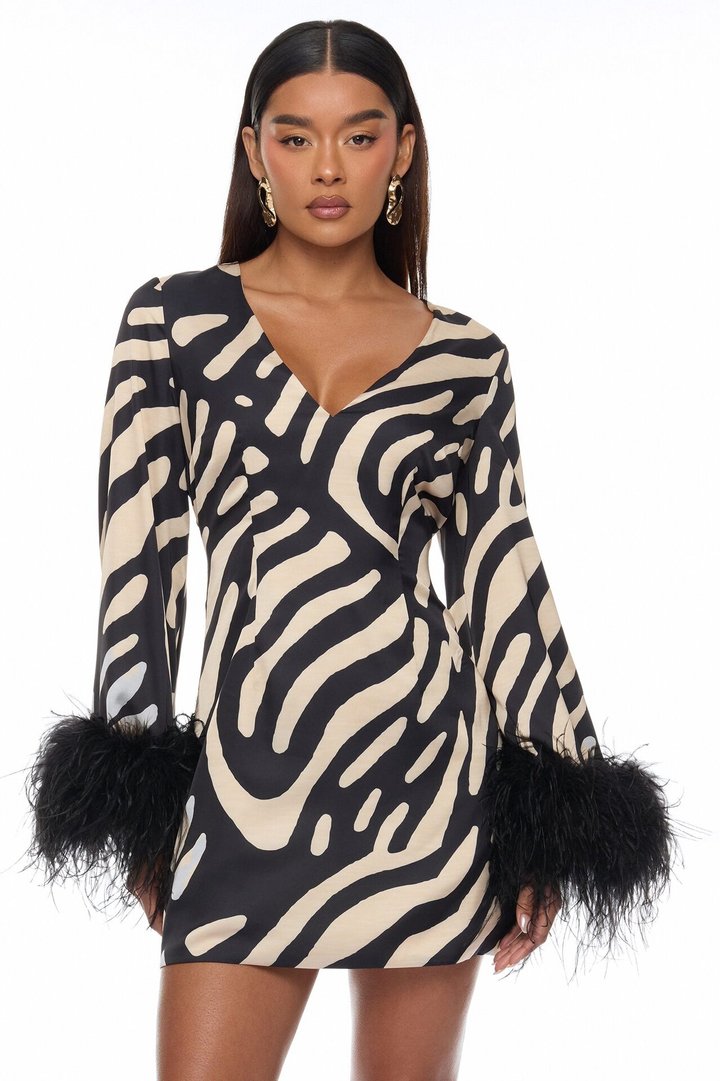 Daydreaming Feathered Satin Mini Dress - Black/combo