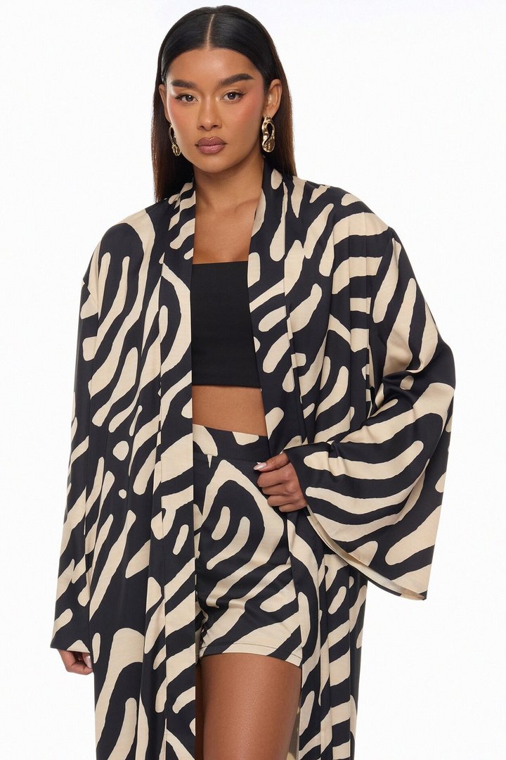 Daydreaming Satin Kimono Short Set - Black/combo