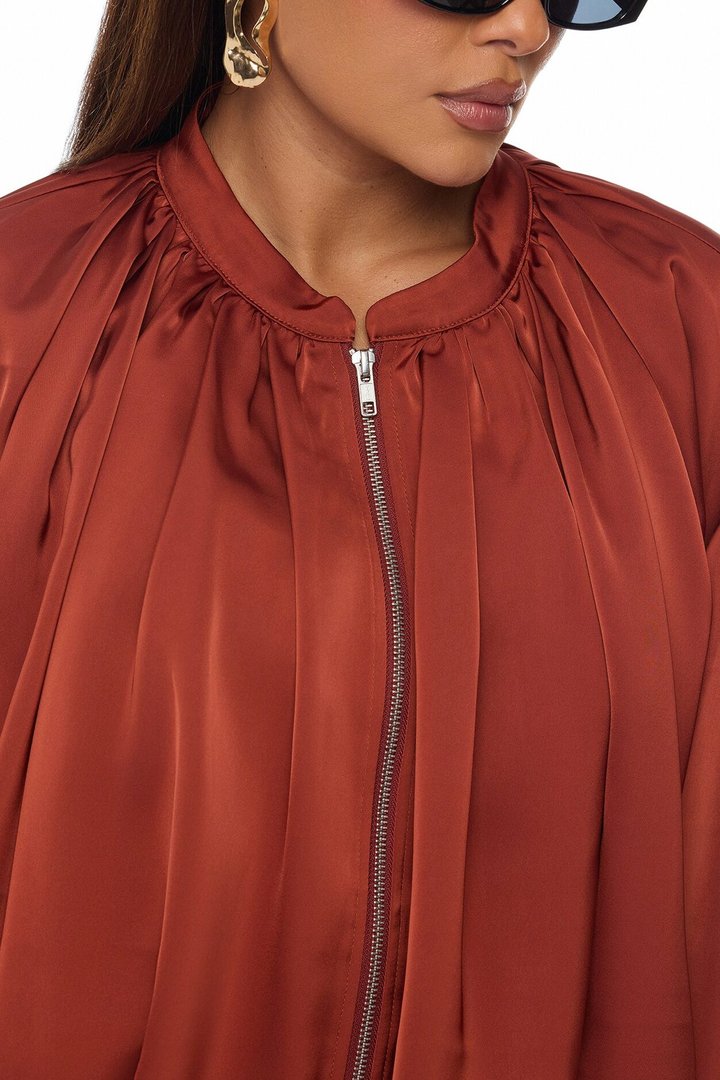 Marianna Balloon Sleeve Satin Jacket - Cognac