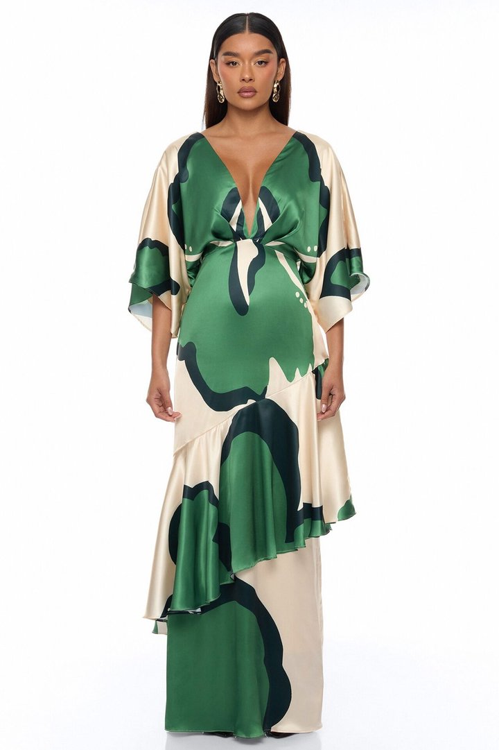 Veronika Short Sleeve Satin Maxi Dress - Green/combo
