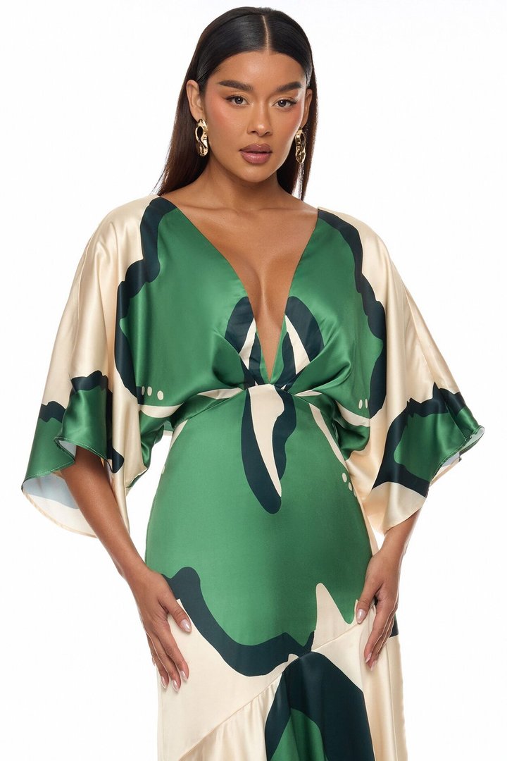 Veronika Short Sleeve Satin Maxi Dress - Green/combo