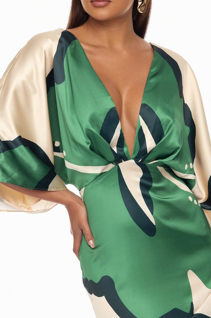 Veronika Short Sleeve Satin Maxi Dress - Green/combo