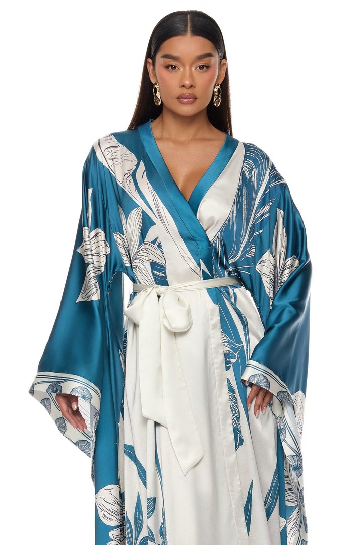 Junie Bell Sleeve Satin Kimono - Teal/combo