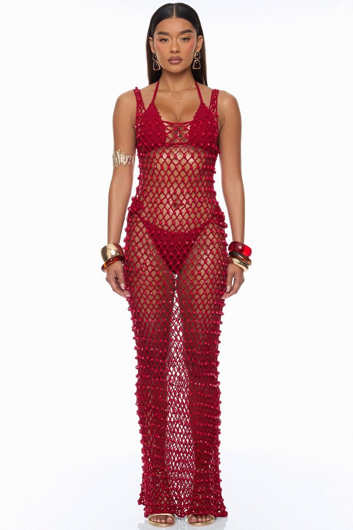 Alondra Crochet Maxi Dress Cover Up - Burgundy