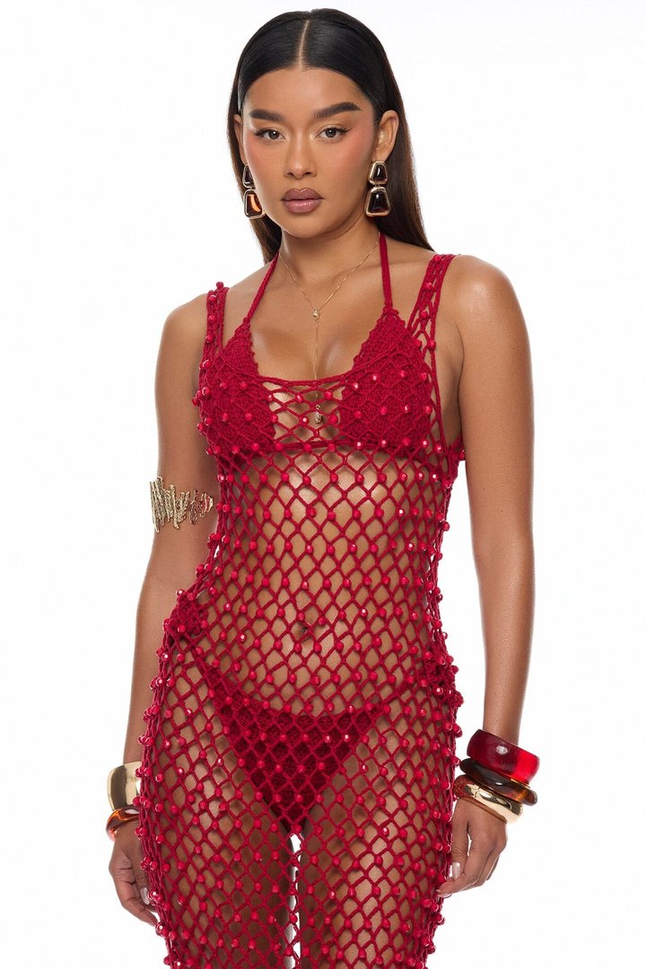 Alondra Crochet Maxi Dress Cover Up - Burgundy