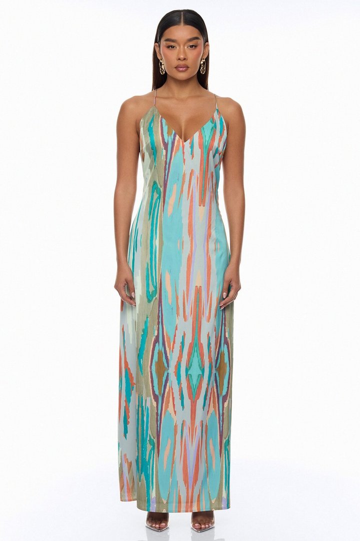 Daydreaming Backless Satin Maxi Dress - Turquoise/combo
