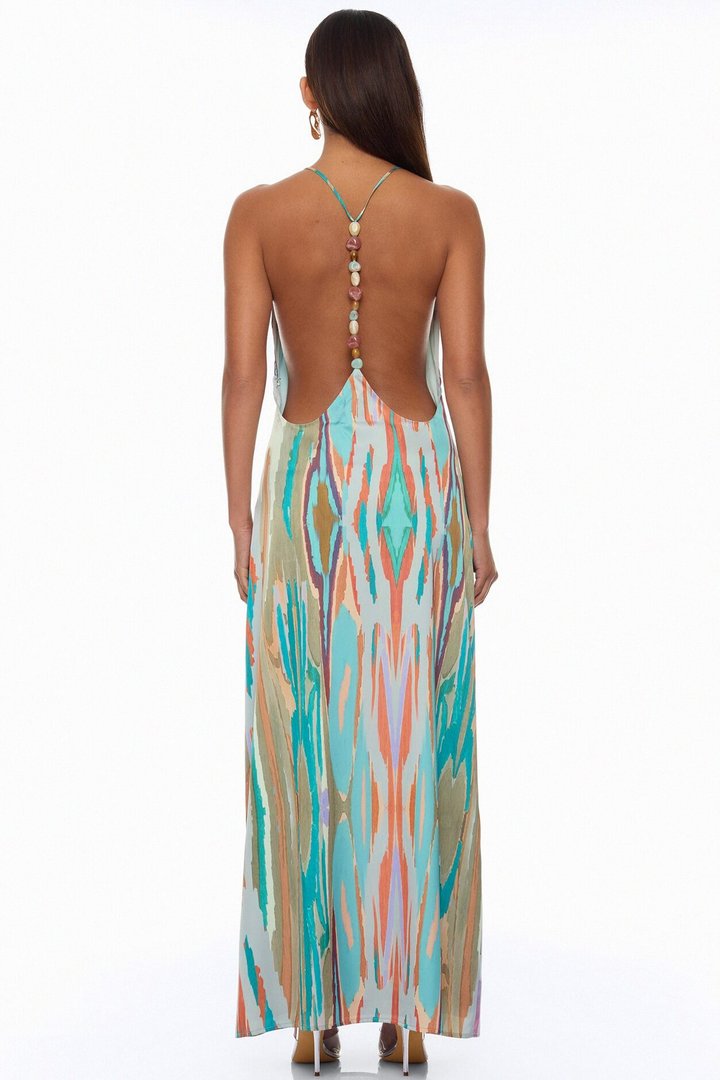 Daydreaming Backless Satin Maxi Dress - Turquoise/combo