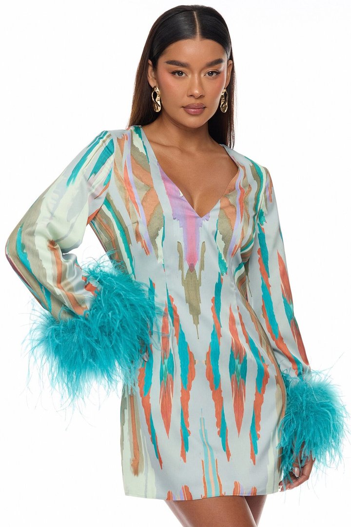 Daydreaming Feathered Satin Mini Dress - Turquoise/combo
