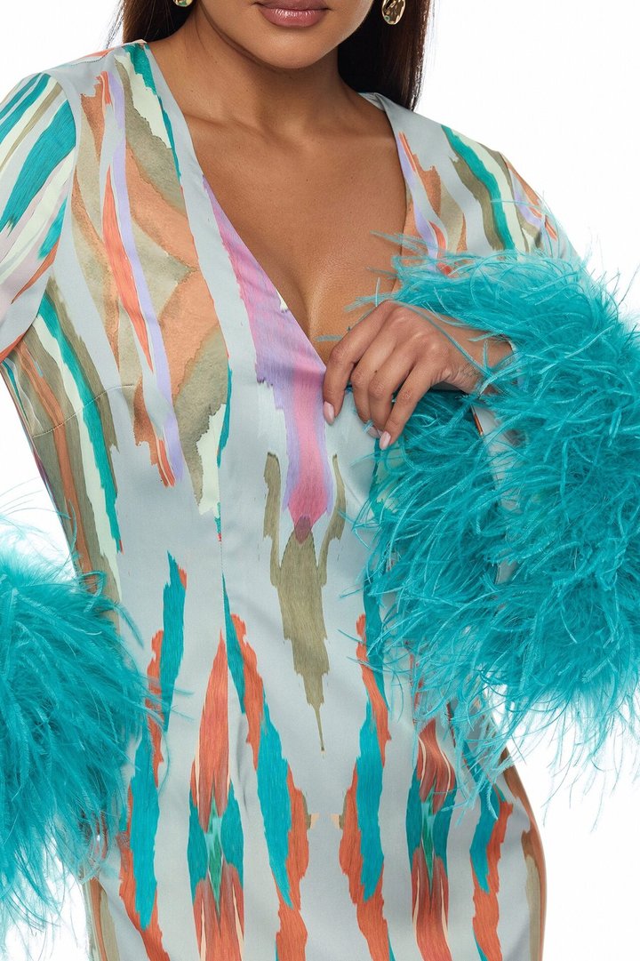 Daydreaming Feathered Satin Mini Dress - Turquoise/combo