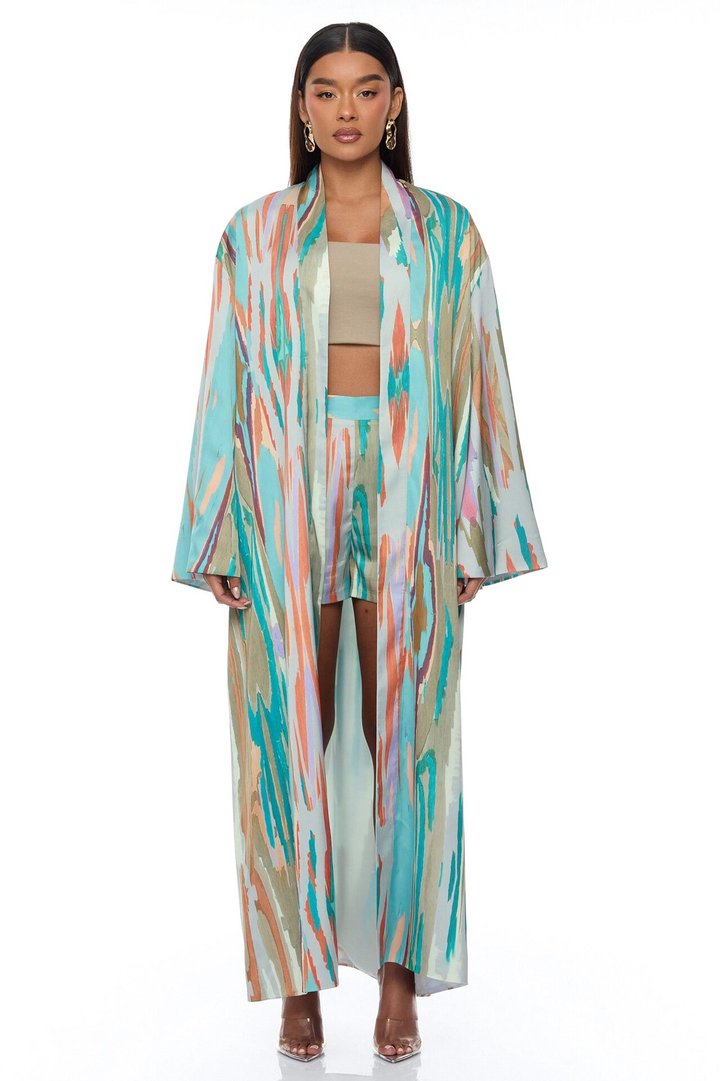 Daydreaming Satin Kimono Short Set - Turquoise/combo
