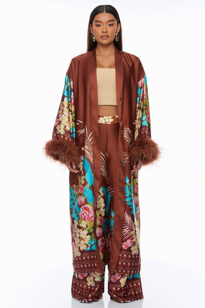Kassidy Feathered Satin Pant 2 Piece Set - Brown