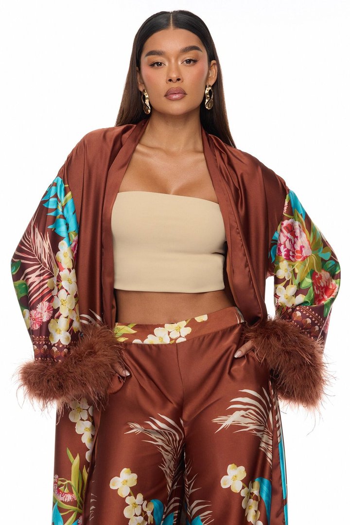 Kassidy Feathered Satin Pant 2 Piece Set - Brown