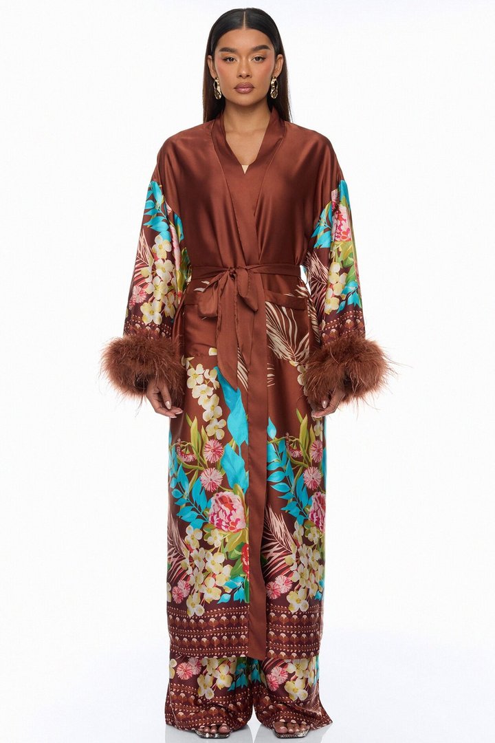 Kassidy Feathered Satin Pant 2 Piece Set - Brown