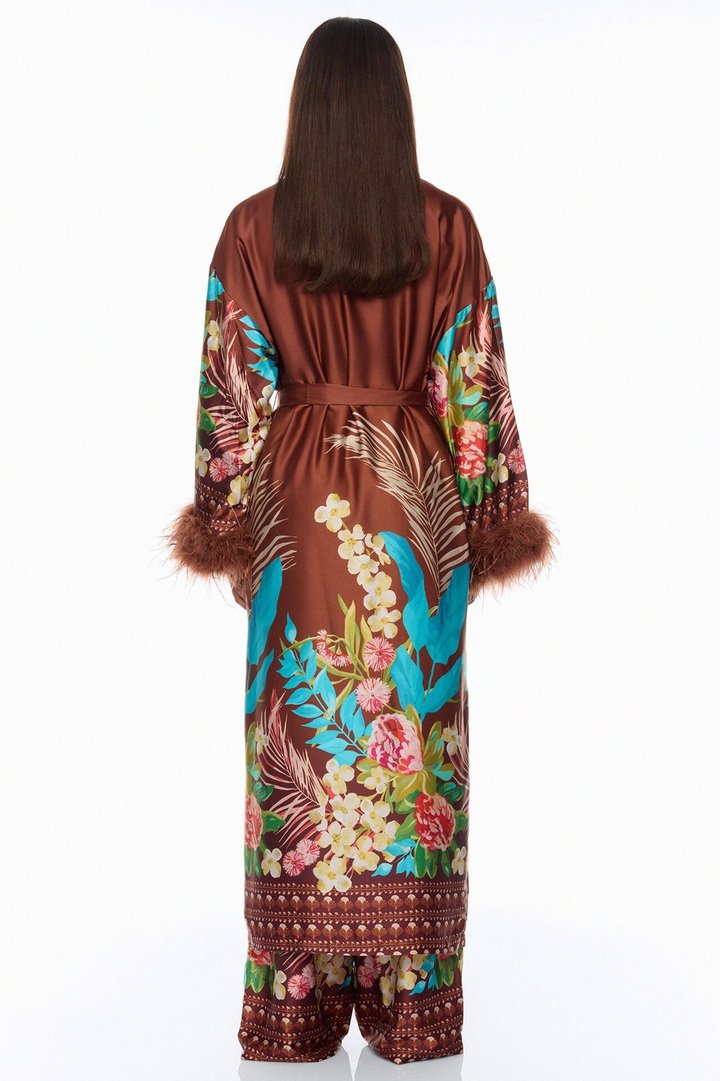 Kassidy Feathered Satin Pant 2 Piece Set - Brown