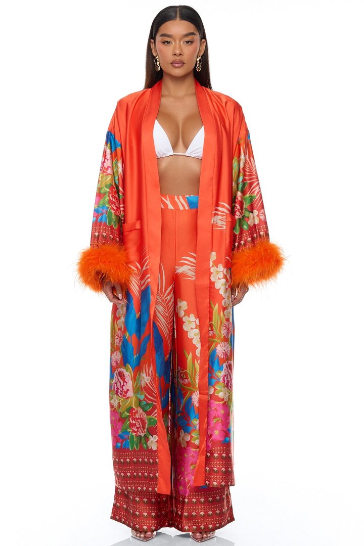 Kassidy Feathered Satin Pant 2 Piece Set - Orange