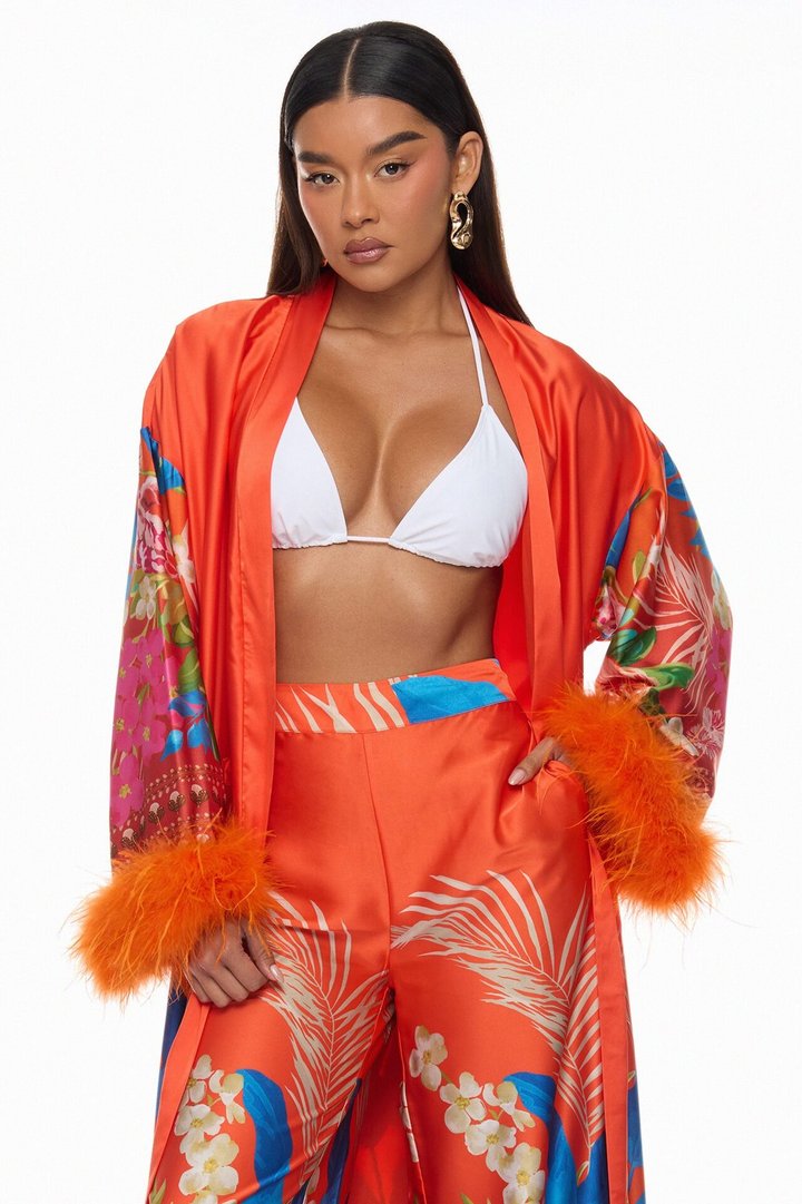 Kassidy Feathered Satin Pant 2 Piece Set - Orange